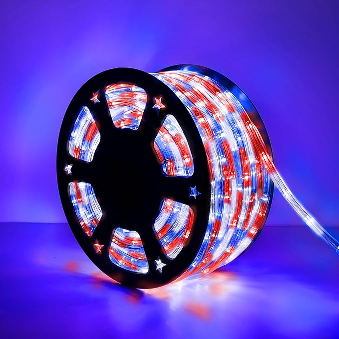 100ft LED Rope Lights Outdoor, 720 LED Connectable & Flexible Tube Lights with 8 Modes, Waterproof LED Rope Lighting for Independence Flag Day, Memorial Day, Outdoor,Indoor Decor (Red & White & Blue)