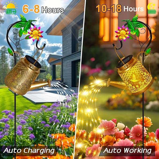 Hummingbird Solar Watering Can Lights, Outdoor Waterproof Garden Lanterns with Shepherd Hook, Solar Garden Decor for Yard Outdoor Landscape Pathway, Gift for Women Mom Grandma Christmas Gifts, 2 Pack