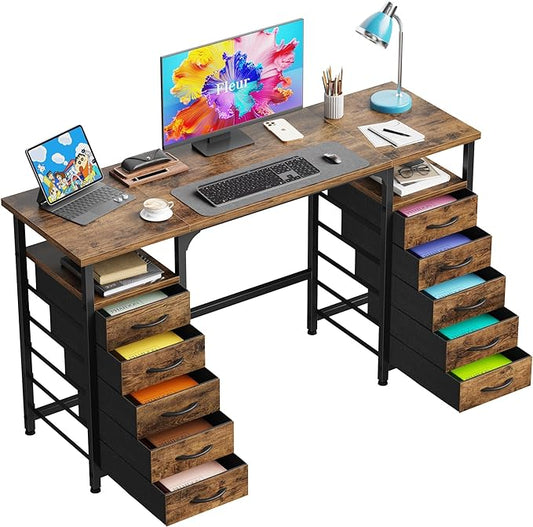 Desk with 10 Fabric Drawers Classified Organizer - 55"/140 Office Desks with Ample Storage, Computer Work Desk Study Writing Table Workstation for Home Office Space Brown