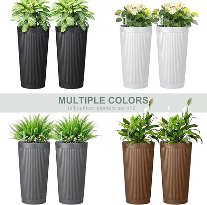 24" Large Planter Set of 2, Self Watering Tall Plastic Planters for Outdoor Plants, Modern Flower Pots Planter Outdoor for Patio, Front Door Decor, with Drainage (Gray Ribbed)
