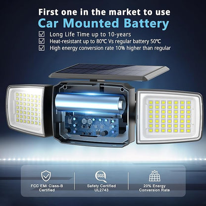 Solar Security Light Outdoor Super Bright LED, Motion Sensor Flood Light, 3 Heads 270° Wide Angle,Remote Control, IP65 Waterproof, 3 Modes (3 Packs)