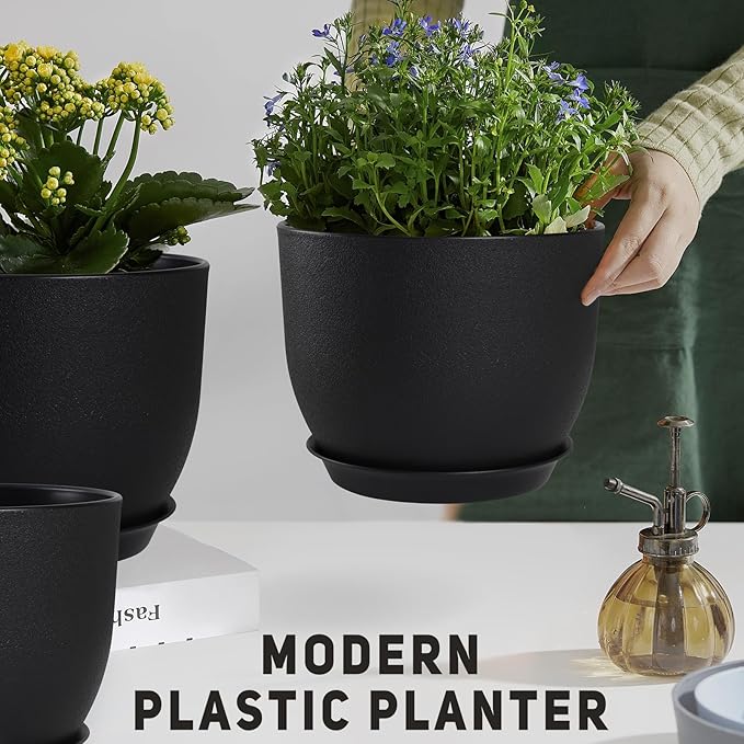 Plant Pots 10/9/8/7.5/7 inch Set of 5,Flower Pots with Multi Mesh Drainage Holes, Large Planters for Indoor Outdoor Garden Plants and Flowers. (Black)