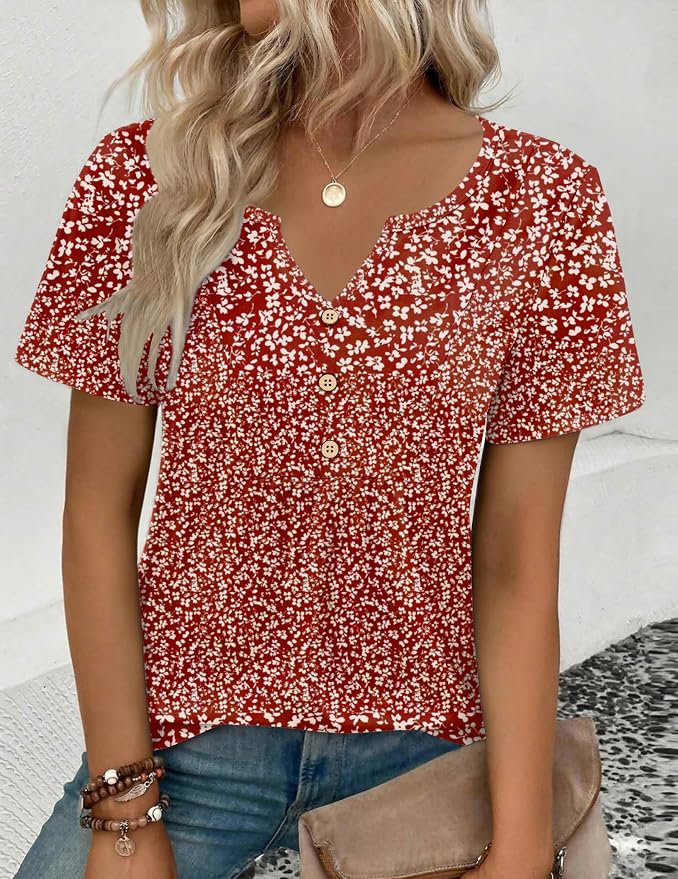 Zeagoo Womens Short Sleeve Tops Summer Henley V-Neck Tshirts Casual Pleated Blouse Dressy Loose Floral Basic Tee