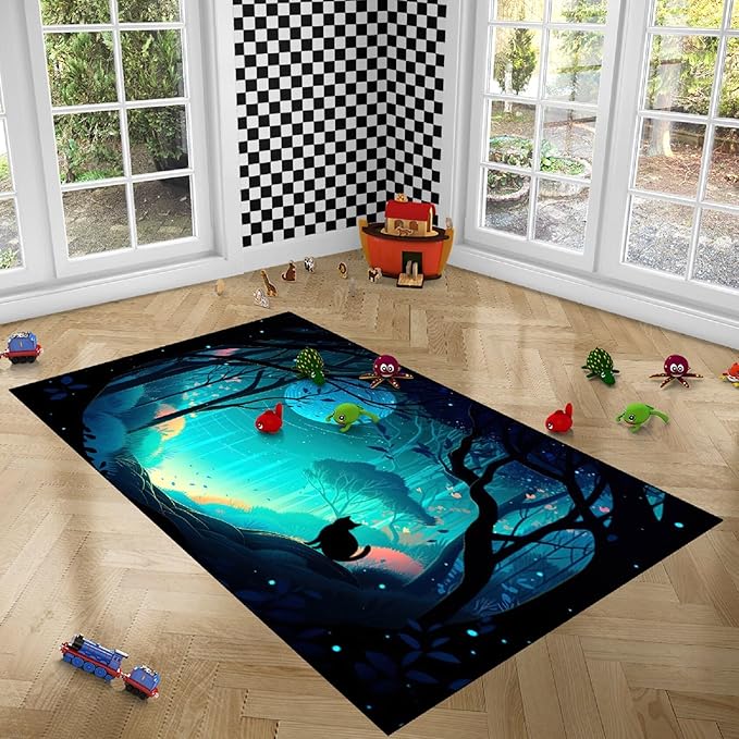 Cat Rug - Magic Black Cat Rug for Home Decor Moon Black Cat Rug for Boys Room Cat Door Mats Outdoor Entrance Forestscape Cat Rug, 4x5 Feet