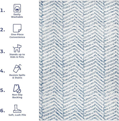 nuLOOM Rosanne Machine Washable Geometric Runner Rug, 2' 6" x 8', Blue, Rectangular, 0.1" Thick