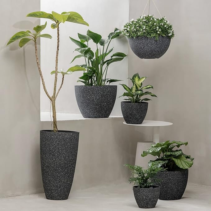 LA JOLIE MUSE Flower Pots Outdoor Garden Planters, Indoor Plant Pots with Drainage Holes, Plastic, Speckled Black, Set 2 (7.5 + 7.5 Inch)