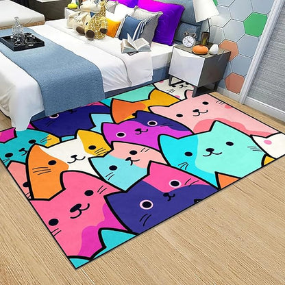 Cat Rug for Girls Bedroom - Cat Area Rug Cartoon Cat Rug Carpet for Kids Room Cute Cat Rugs Room Decor Colorful Anime Rug with Cat Printed, 4.5x6 Feet