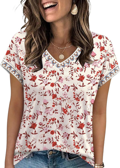 WIHOLL Womens Summer Tops 2026 Cap Short Sleeve Shirs V Neck T Shirts Fashion Beach Vacation Clothes Color Block
