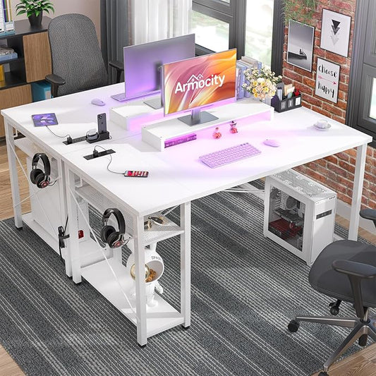 armocity Computer Desk with LED Lights, Gaming Desk with Power Outlet and USB, 40 Reversible Laptop Table with Moveable Monitor Stand, Small Desk for Small Spaces, Office, Gaming Room, White
