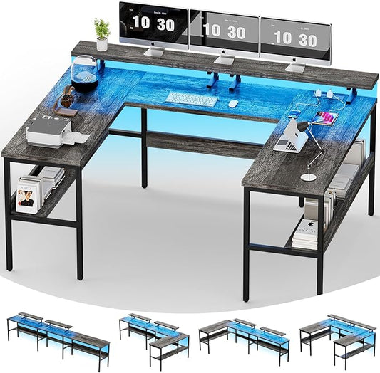 Customizable U Shaped Computer Desk with Adjustable Monitor Stand, Reversible L Shaped Gaming Desk with Power Outlet and Smart LED Light, Sturdy Office Desk with Storage Shelves, Black Oak