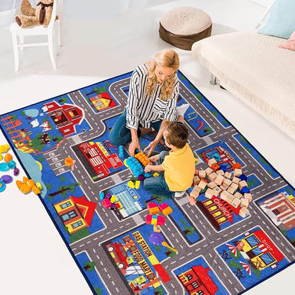 Kids Carpet Playmat Rug 78.7"x59", Car Rug for Kids Cars, Non-Slip Town City Road Map Kids Rug for Playroom Bedroom Boys, Kids Car Mat Road Rug, Track Rug Car Play Rug for Kids (78.7X59Inch,Blue)