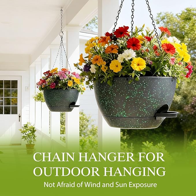 10 Inch Hanging Baskets 2 PC with Chains, Self-Watering Hanging Planters for Indoor Outdoor Plants, Plastic Hanging Flower Pots,Black with Green Speckles