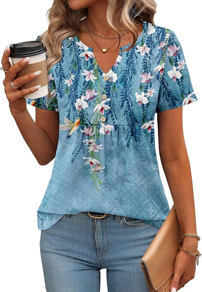 Zeagoo Womens Short Sleeve Tops Summer Henley V-Neck Tshirts Casual Pleated Blouse Dressy Loose Floral Basic Tee