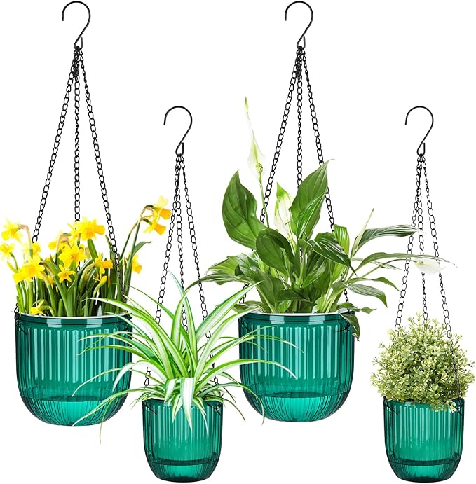 Maxcheck 4 Pcs Self Watering Hanging Planters Indoor Gift 6.5'' 4.5'' Hanging Flower Pots Baskets Outdoor Self Watering Plant with 3hooks Drainage Holes for Home(Emerald)