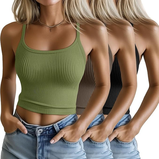 Ficerd 3 Pack Women's Tank Tops 95% Cotton Spaghetti Strap Ribbed Crop Camisole Slim Fitted Basic Summer Sleeveless Layer