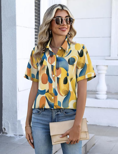 Zeagoo Button Down Shirts for Women Short Sleeve Collared Tops Dressy Casual V Neck Blouses