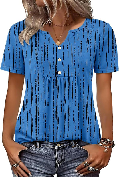 Zeagoo Womens Short Sleeve Tops Summer Henley V-Neck Tshirts Casual Pleated Blouse Dressy Loose Floral Basic Tee