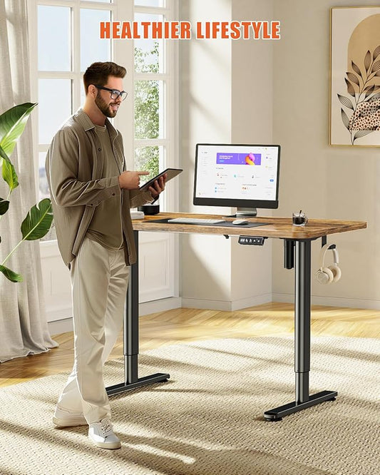 Electric Standing Desk Adjustable Height Stand Up Desk, 48" x 24" Sit Stand Desk, Low Noise Home Office Desk, Computer Desk with Whole-Piece Board, Child Lock & Memory Function, Rustic Brown