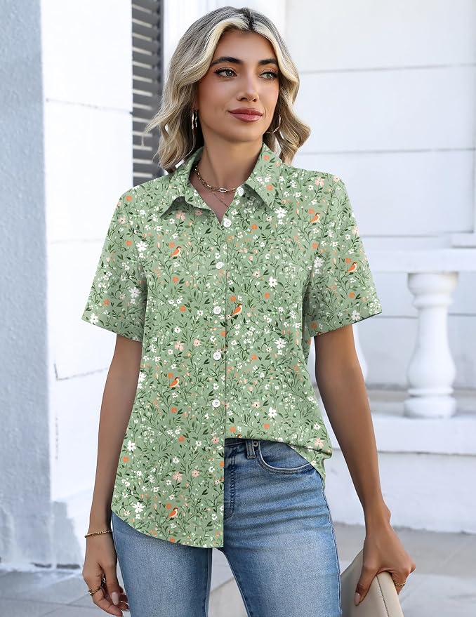 Zeagoo Button Down Shirts for Women Short Sleeve Collared Tops Dressy Casual V Neck Blouses