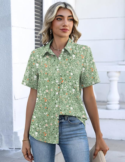 Zeagoo Button Down Shirts for Women Short Sleeve Collared Tops Dressy Casual V Neck Blouses