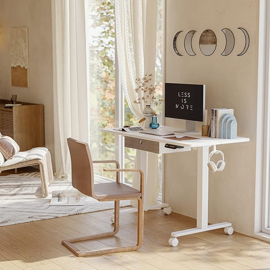 FEZIBO 48 x 24 Inches Standing Desk with Drawer, Adjustable Height Electric Stand up Desk with Storage, Sit Stand Home Office Desk, Ergonomic Computer Desk, White