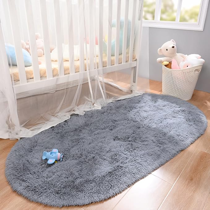 Merelax Soft Shaggy Rug for Kids Bedroom, Oval 2.6 x5.3 ft Grey Plush Fluffy Carpets for Living Room, Furry Carpet for Teen Girls Room, Anti-skid Fuzzy Comfy Rug for Nursery Decor Cute Baby Play Mat