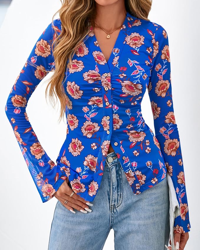 BTFBM Button Down Shirts for Women 2026 Fall Boho Tops V Neck Long Sleeve Blouses Ruched Mesh Fitted Fashion Clothing