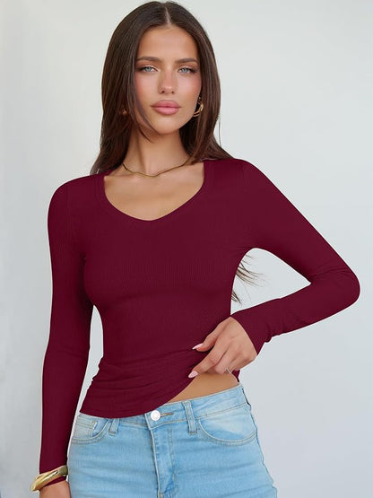 ANRABESS Long Sleeve V Neck Shirts for Women | Soft Comfy Ribbed Knit Fitted Tshirts, Casual Going Out Tops, 2026 Trendy Basic, Fall Winter Underscrub Layering Clothes