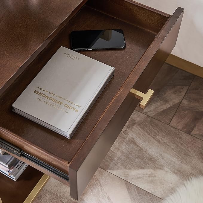 Leick Home 9069-WA One Drawer Nightstand Side Table Contemporary Modern USB-C Fast Charging Station A/C USB Charging Port Integrated Durable Solid Metal Wood Living Room Bedroom Office Walnut and Gold