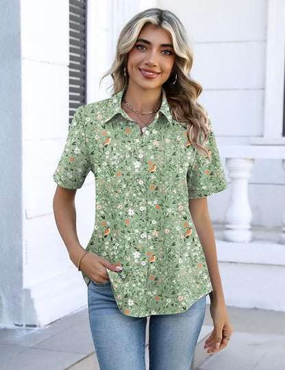 Zeagoo Button Down Shirts for Women Short Sleeve Collared Tops Dressy Casual V Neck Blouses