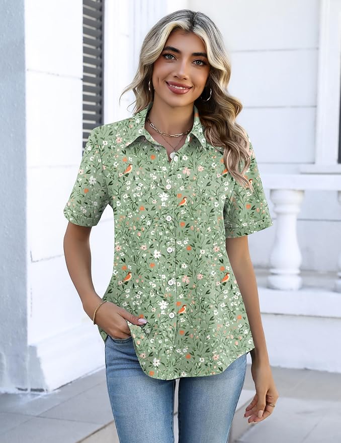 Zeagoo Button Down Shirts for Women Short Sleeve Collared Tops Dressy Casual V Neck Blouses