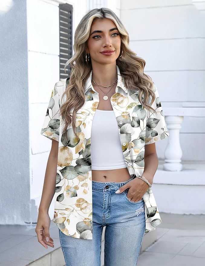 Zeagoo Button Down Shirts for Women Short Sleeve Collared Tops Dressy Casual V Neck Blouses
