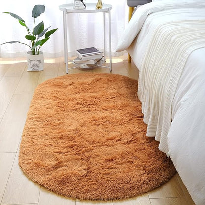 Merelax Soft Shaggy Rug for Kids Bedroom Oval 2.6'x5.3' Khaki Plush Fluffy Carpet for Living Room, Furry Carpet for Teen Girls Room, Anti-skid Fuzzy Comfy Rug for Nursery Decor Cute Baby Play Mat