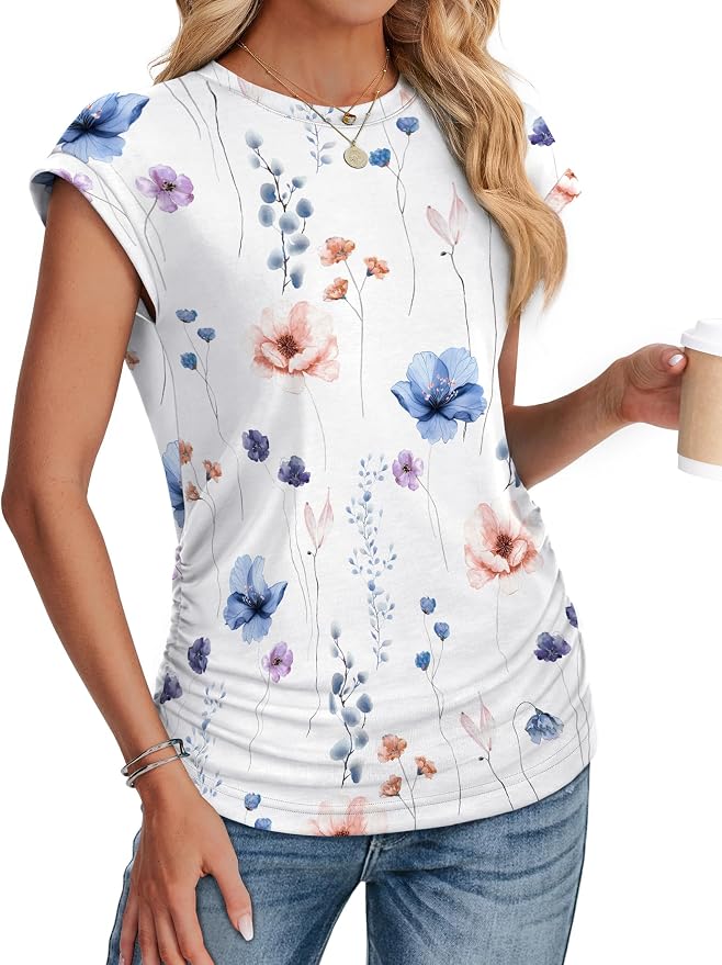 Sampeel Womens Summer Tops Trendy 2026 Ruched Cap Short Sleeve Tshirts Shirts Crew Neck T Shirts Fashion