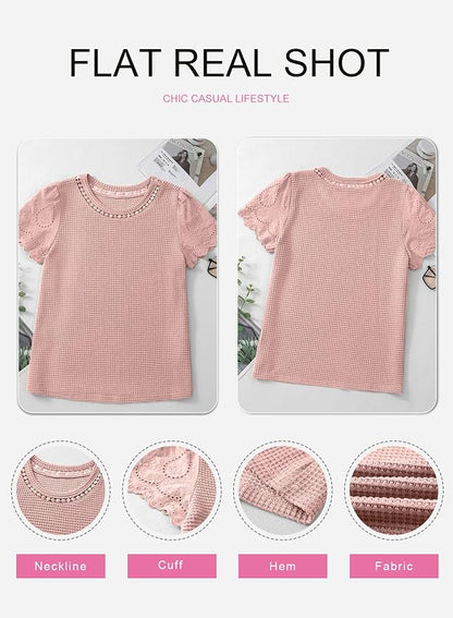 SHEWIN Womens Frenchy Summer Tops Crewneck Short Sleeve T Shirts Casual Waffle Knit Jacquard Blouses Top Shirts