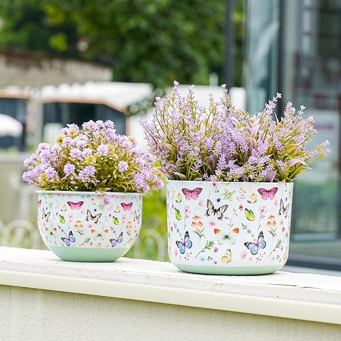 Butterfly & Bee Metal Planters Set of 2 – Decorative Flower Pots with Colorful Garden Prints, Outdoor & Indoor Use Cute Spring Floral Design for Patio, Balcony, Home Decor (Butterfly)