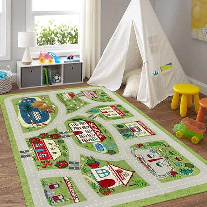 LIVEBOX Green Kids Playroom Rug, 5'x7' Washable Road Rug for Kids Room, Non-Slip Soft Car Rug Play Mat for Baby Nursery, Large City Traffic Rug Classroom for Boys Girls Dorm Toy Room Tent