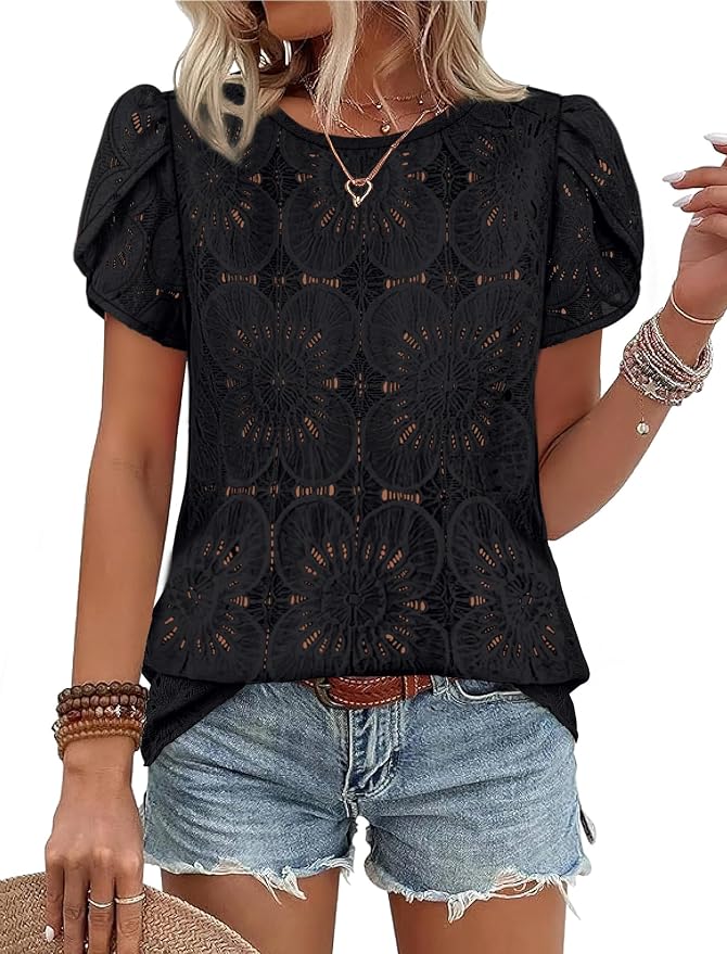OFEEFAN Blouses for Women Dressy Casual Petal Short Sleeve Shirts Crochet Lace Boho Tops Spring Fashion Summer Outfits