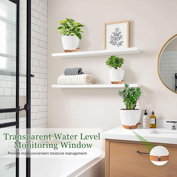 Self Watering Pots for Inoor Ourdoor Plants 8/7/6.5/6/5 Inch Plastic Planters with Drainage Holes & Water Level Indicator, Decorative House Flower Nursery Planting Pots with Saucers (White)