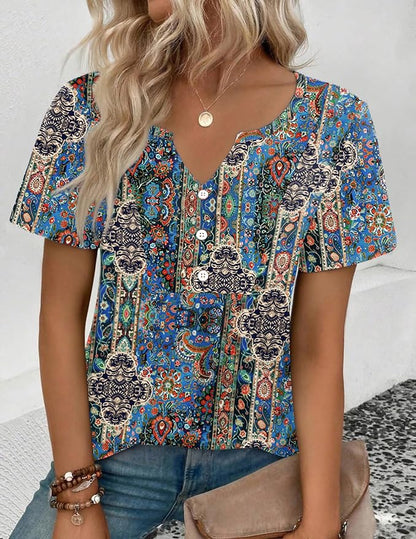 Zeagoo Womens Short Sleeve Tops Summer Henley V-Neck Tshirts Casual Pleated Blouse Dressy Loose Floral Basic Tee