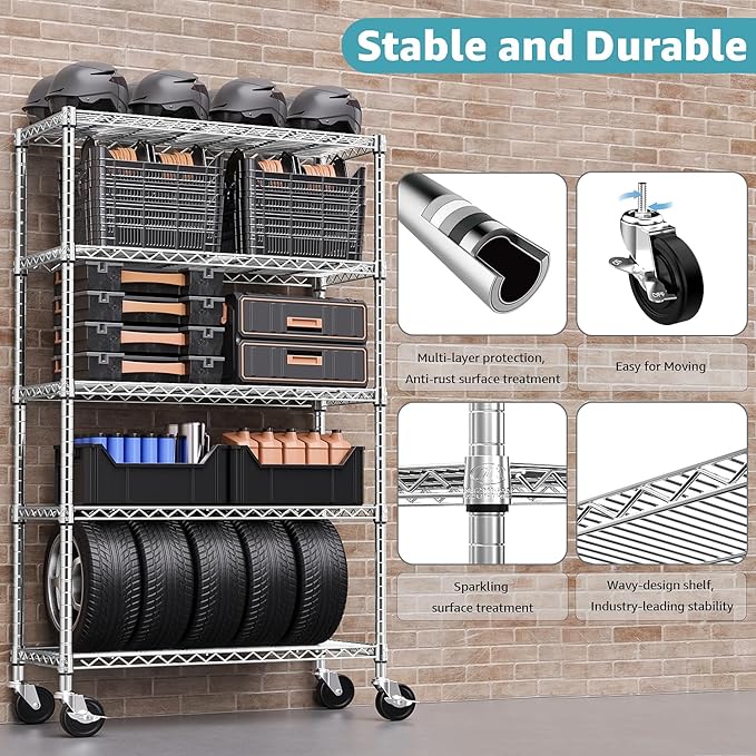 5-Shelf Storage Shelves,Wire Shelving Heavy Duty Metal Storage Shelving Unit Adjustable Garage Shelving Rack Pantry Kitchen (Chrome, 5 Tier,17.7" D x 47.2" W x 76.7" H)
