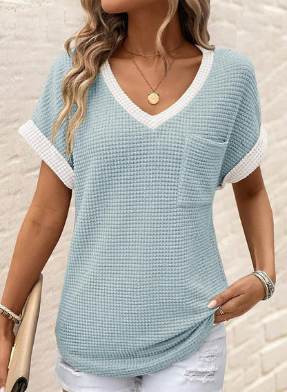 Dokotoo Womens Waffle Knit Tops 2026 Spring Summer V Neck Shirts Casual Trendy Women's Blouses Basic Tee