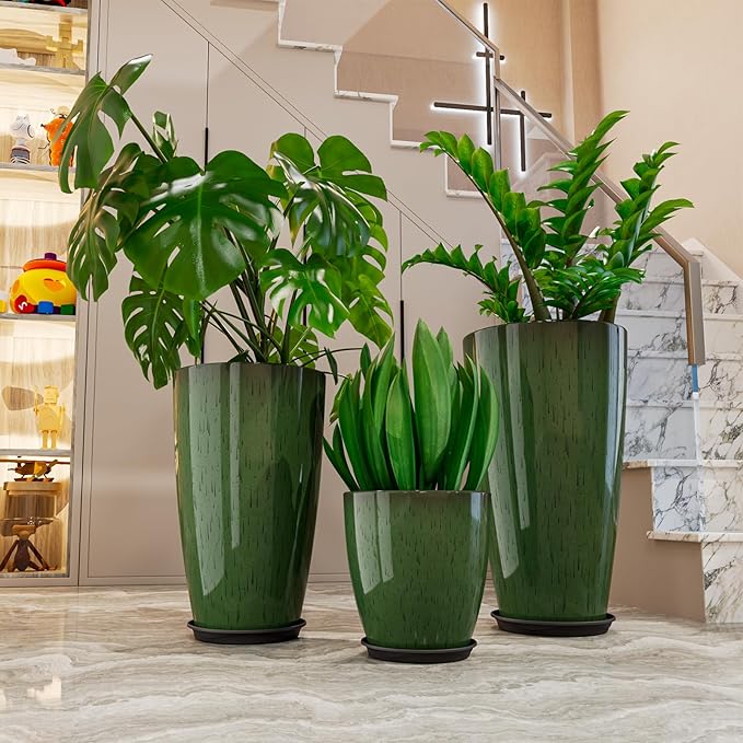 QCQHDU 24,21,11 inch Large Planters with Drainage Hole & Saucer, Set of 3 Plant Pots Tall Planter for Indoor & Outdoor Plants Home Modern Decor