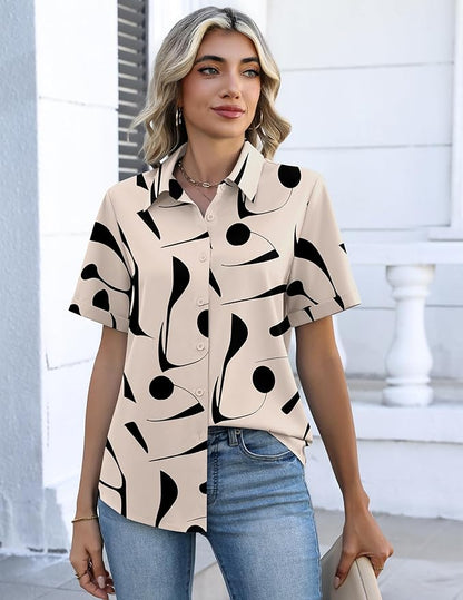Zeagoo Button Down Shirts for Women Short Sleeve Collared Tops Dressy Casual V Neck Blouses