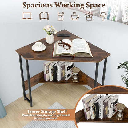 Corner Desk with Charging Station & USB Port, 90-degree Triangle Computer Workstation w/Storage Shelf, Metal Frame, Space-saving Laptop PC Desk for Small Space, Home Office (Rustic Brown)
