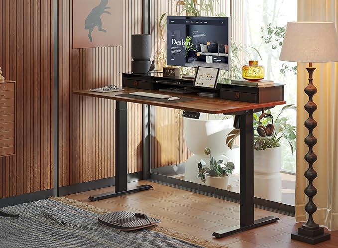 FEZIBO 48 x 24 Inch Height Adjustable Glass Electric Standing Desk with Double Drawer, Stand Up Desk with Storage Shelf, Sit Stand Desk, Black Walnut