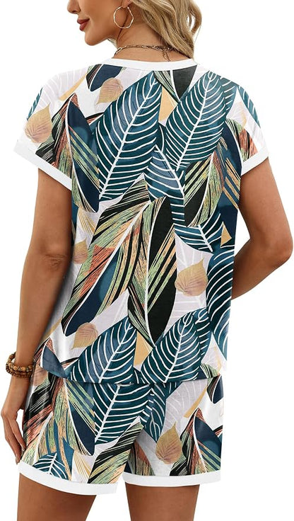 WIHOLL Two Piece Sets for Women Summer Lounge Short Sets Cap Sleeve Crew Neck Sweatsuit with Pocket XS-2XL