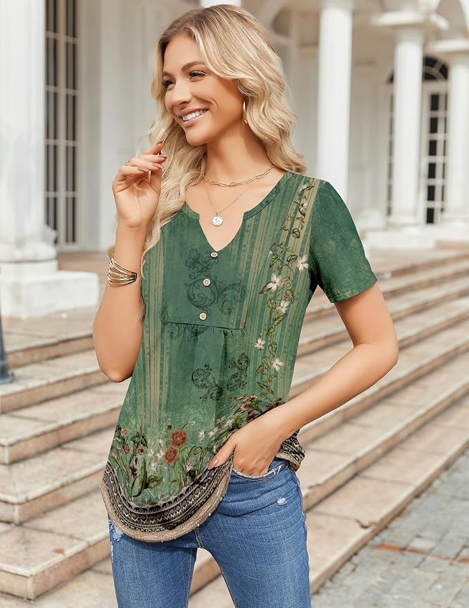 Zeagoo Womens Short Sleeve Tops Summer Henley V-Neck Tshirts Casual Pleated Blouse Dressy Loose Floral Basic Tee