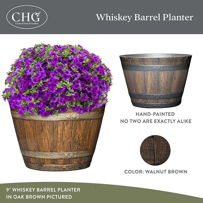 Classic Home & Garden Whiskey Barrel Planters - Wood Finish Flower Planter Pot - Decorative Garden Pots - Indoor & Outdoor Resin Planters - Weather-Resistant Planting Pots (9" Walnut Brown, Pack of 1)