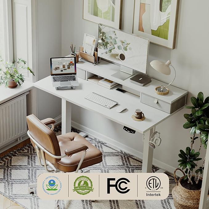 55 x 24 Inches Electric Standing Desk with 2 Storage Drawers, Stand Up Desk Adjustable Height, Sit and Stand Computer Table with Splice Board, White
